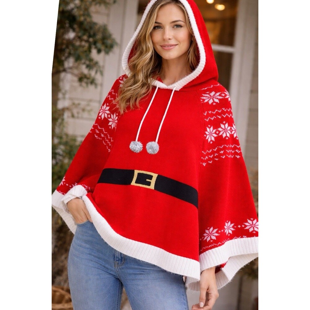 Major Label Christmas Santa Sweater Hooded Poncho Holiday Dress Up Party Cozy M